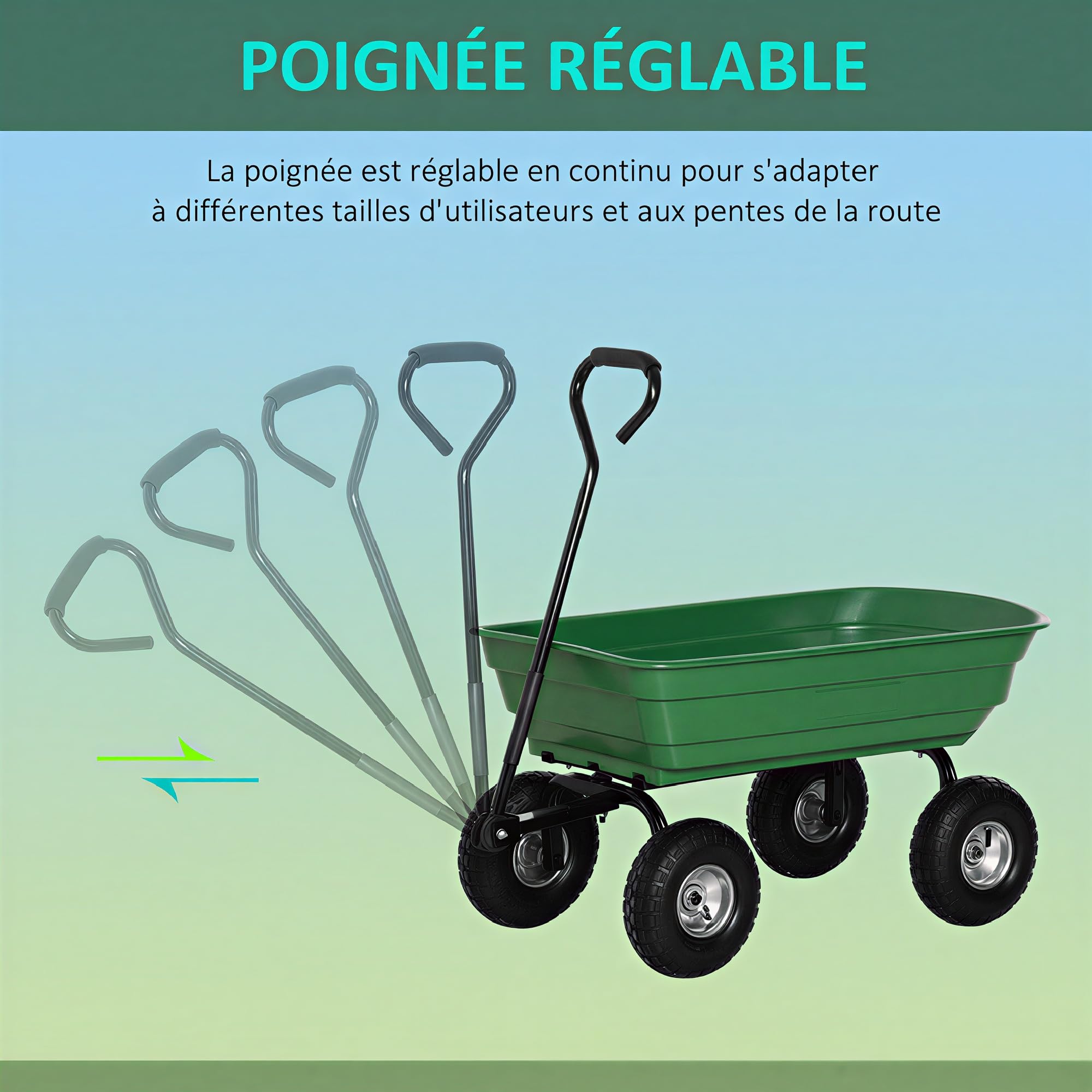 Outsunny Chariot de Jardin 100L Charge 250 kg, 4 Roues pneumatiques, poignée réglable, Remorque à Main pour Extérieur Cadre en Acier Vert