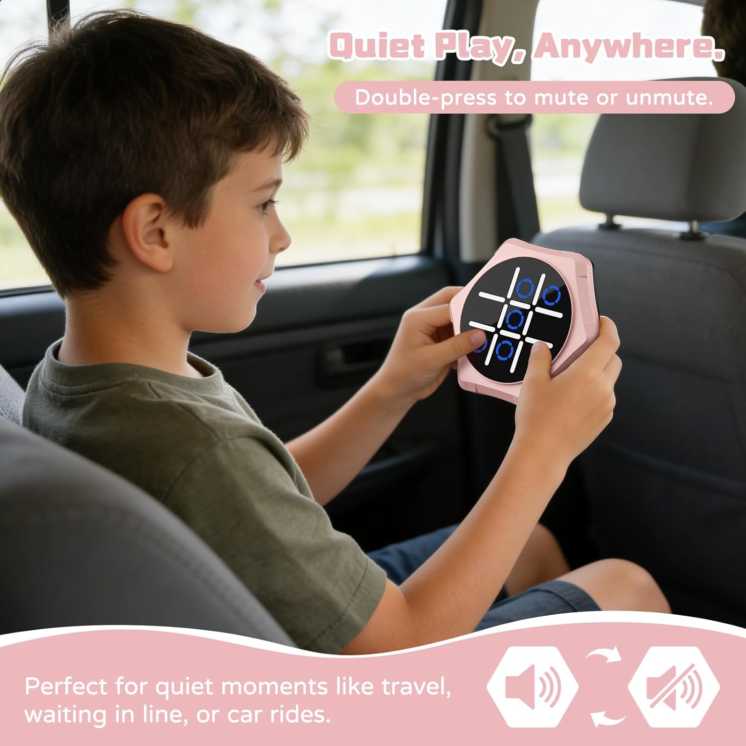 Electronic Tic Tac Toe Game,5-in-1 Handheld Puzzle Games Console,Tic Tac Toe Bolt Game for Educational&Memory,Portable Travel Games for Car Ride with Silent Mode,Toys Gift Idea for Kids & Family-Pink