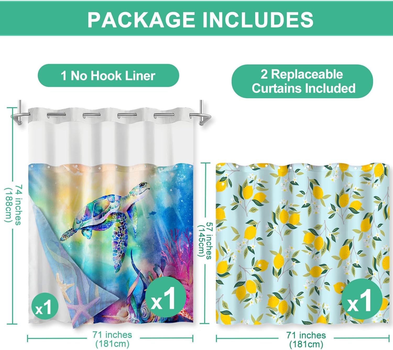 Lokigo Hookless Shower Curtain with Snap in Liner, 2 Pcs Replaceable Teal Blue No Hook Shower Curtain, Sea Turtle and Lemon ShowerCurtain with Liner, 71x74 Inch, Modern