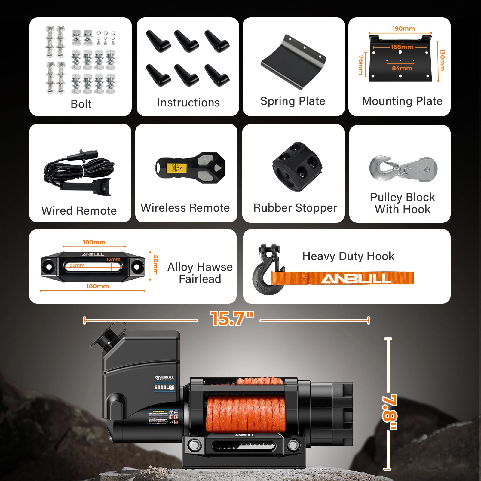 Anbull Wciągarka elektryczna 12V 6 000 LBS / 2722 Kg, Nie wymaga okablowania, IP68, lina syntetyczna 6,3 mm x 16,8 m, lina nylonowa, kompatybilna z Quad, ATV, UTV, elektryczny wciągarka 12 V