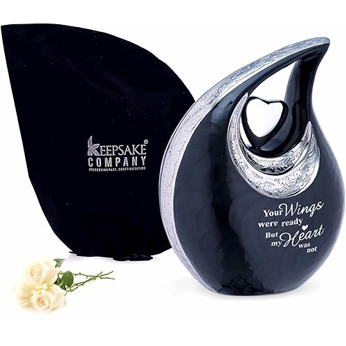 Large Black Teardrop Urn with Silver Heart for Human Ashes Male - Urns for Adult Men and Women - Cremation Urns for Ash, Funeral/Burial Urns, Decorative and Keepsake ERN, Heart Urn, 2.5 LTR