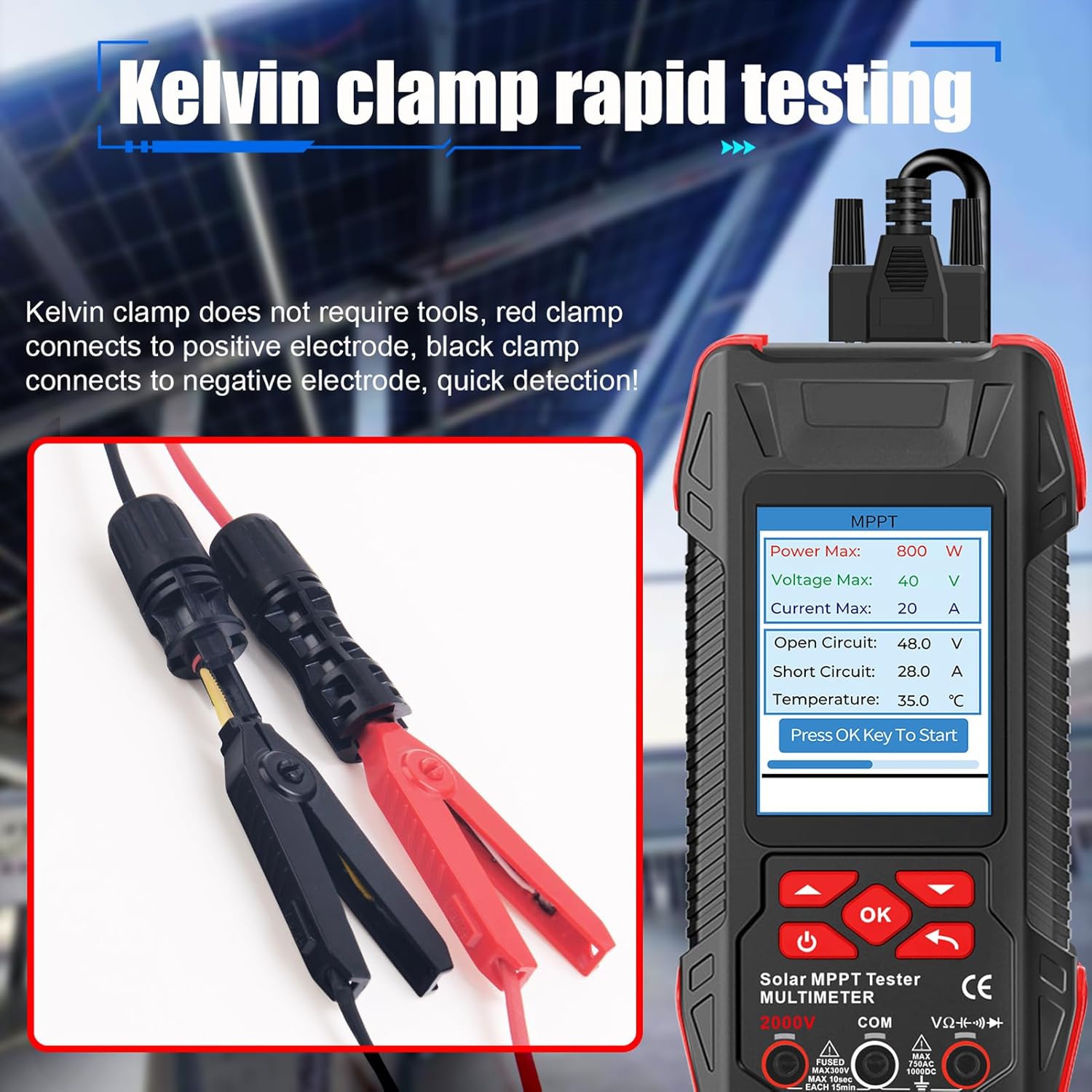 Solar MPPT Tester HV Multimeter, 3.2 inch LCD Screen 2000W Max Power 3 90V Voltage 0 40A Power Meter Auto Off Capacitance Diode Continuity Tester