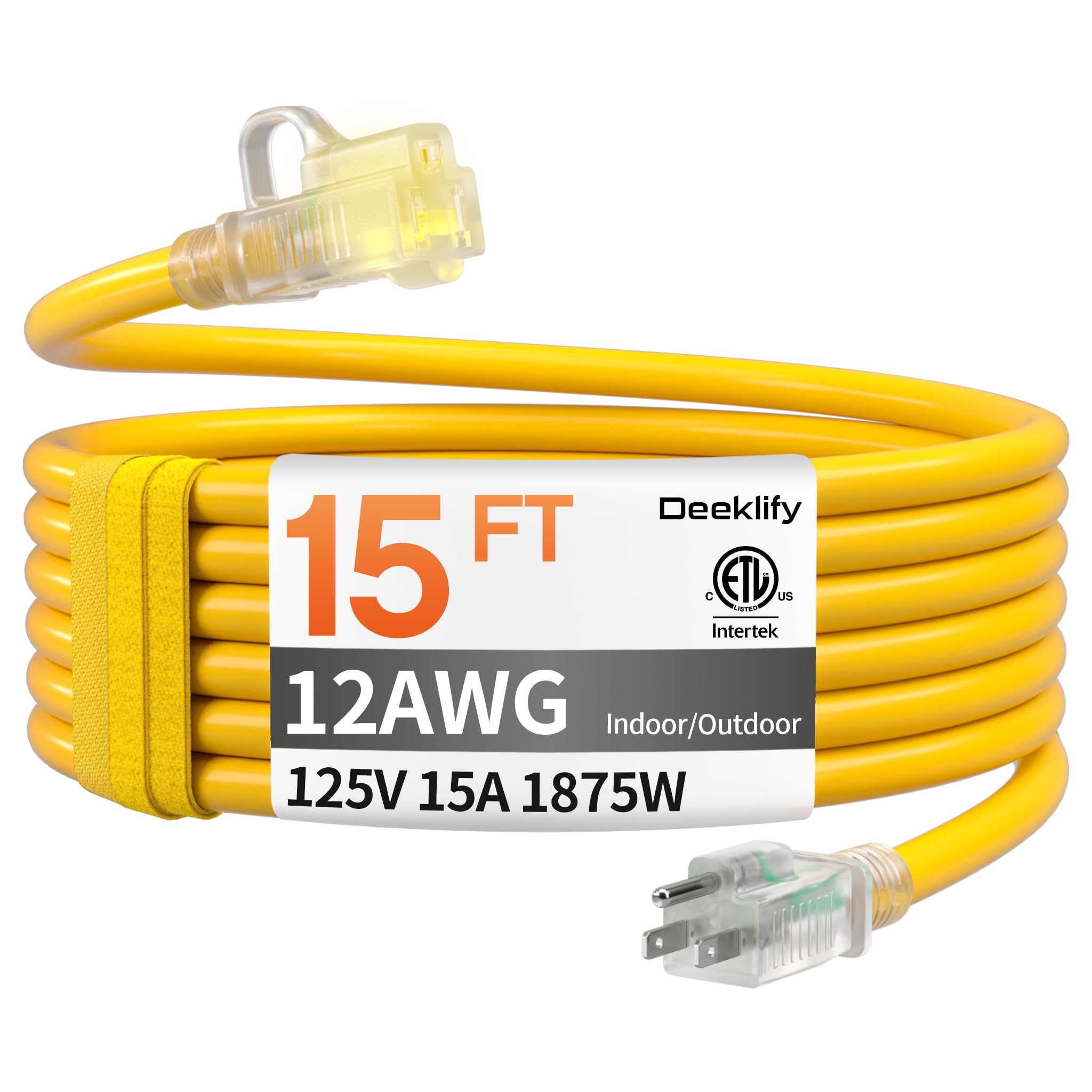 Photo 1 of 12AWG 15 FT Heavy Duty Outdoor Extension Cord Waterproof with Lighted End, 12 Gauge Extension Cord Flexible and Cold Resistant 3 Prong Grounded Plug,Yellow 15Amp 1875W SJTW ETL Listed