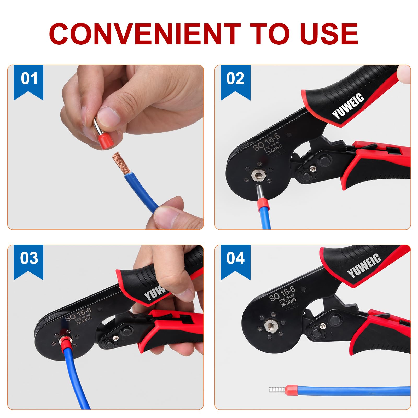 Pinza a crimpare esagonale per cavi isolati e non isolati, 28-6 AWG (0,08-16 mm²)