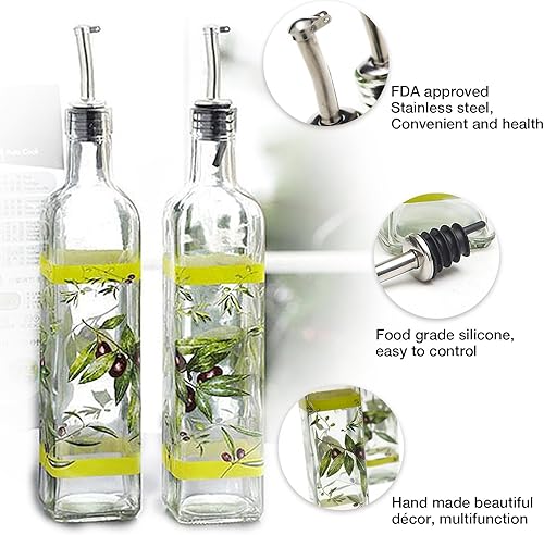 Miniatura 3 de CEDAR HOME Juego de botellas de aceite de oliva, dispensador de vidrio, vinagre de 17 onzas, con boquilla vertedora de acero inoxidable a prueba de
