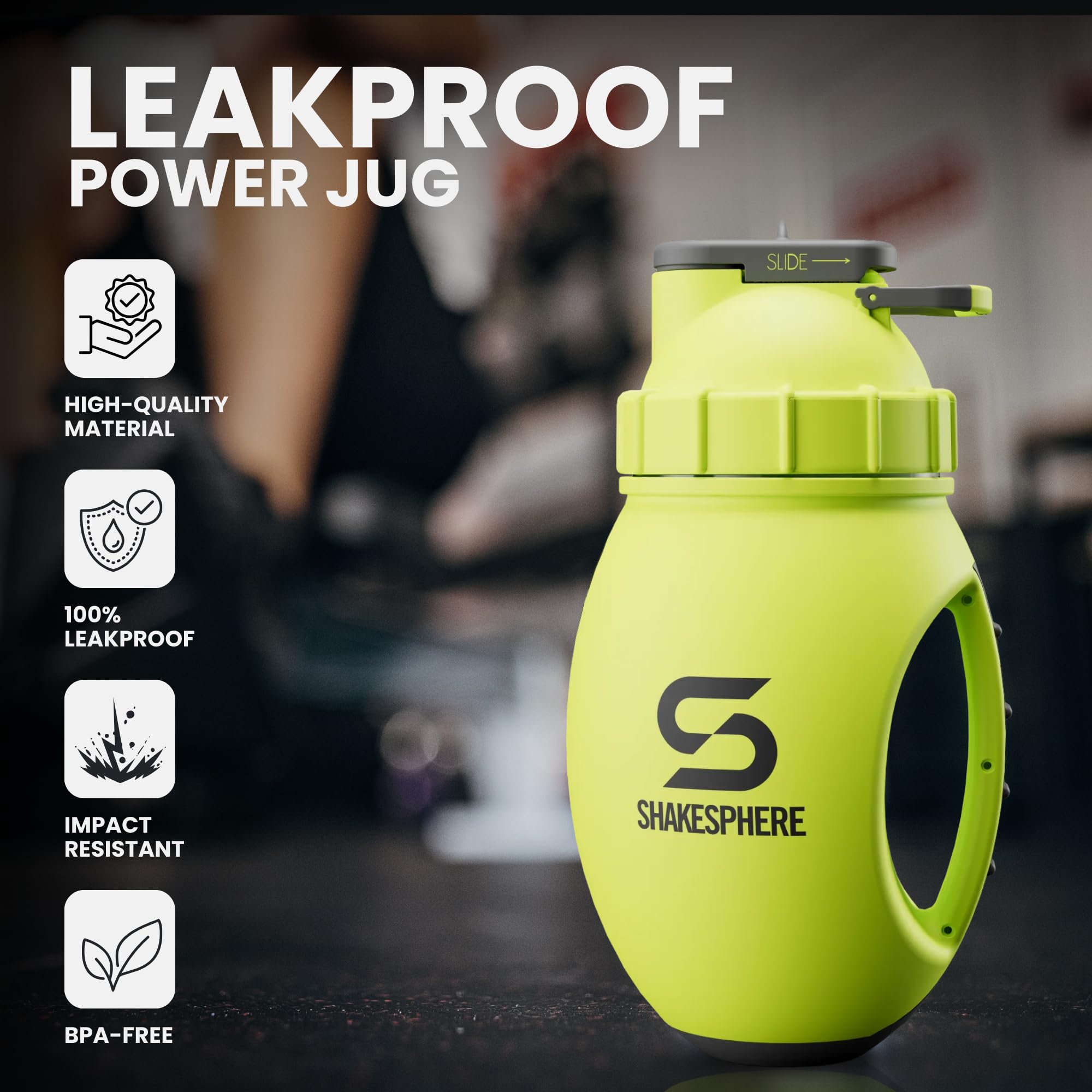SHAKESPHERE Shaker de protéines 1,3 l – Double paroi, bouteille de gym et mixeur, sans BPA, design durable avec poignée facile à saisir, base en silicone et fenêtre de visualisation transparente