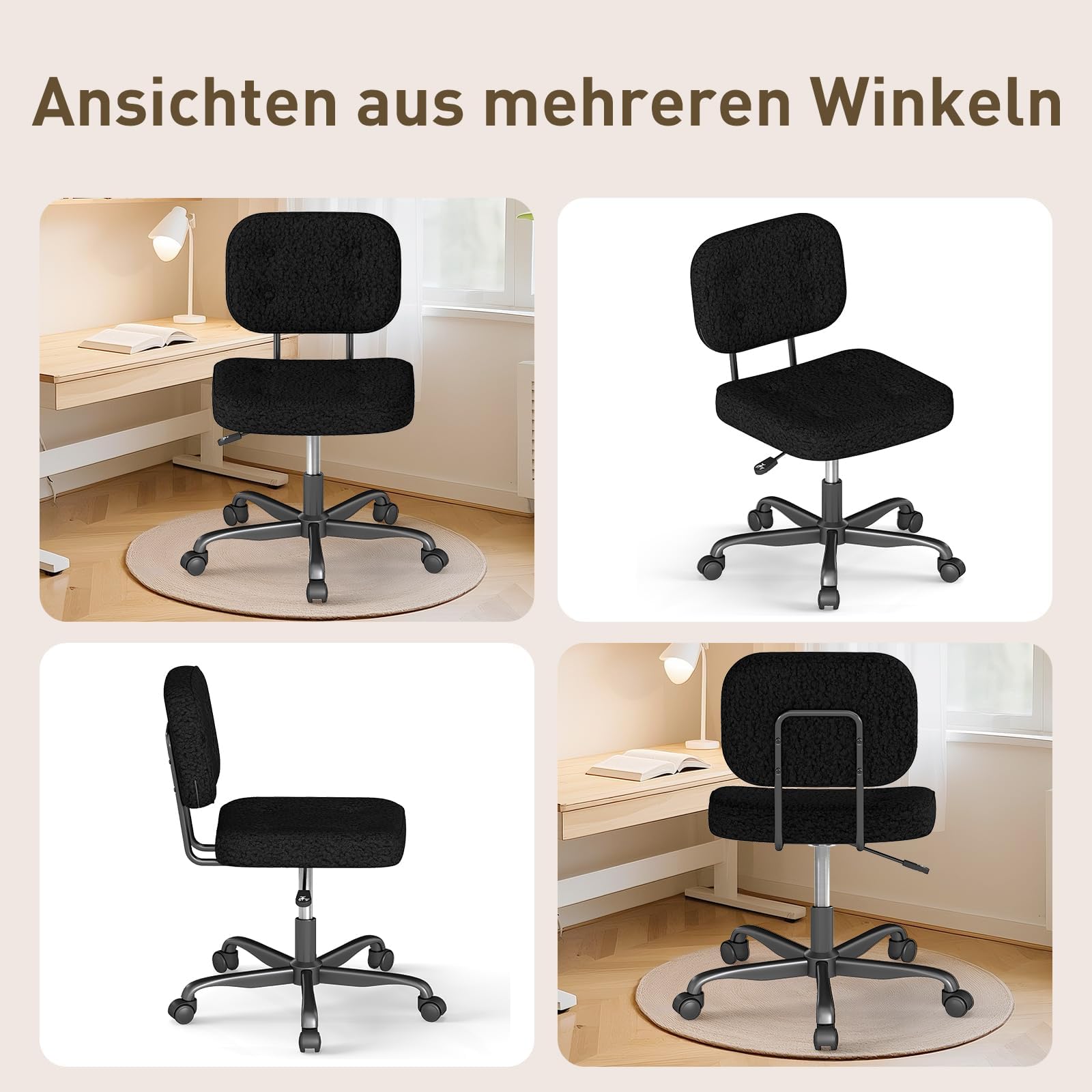 AnyGod Schreibtischstuhl ohne Armlehne, Kompakter Drehstuhl mit Rollen & Höhenverstellbar, Ergonomischer Computerstuhl für kleine Räume & Schminktisch, Teddy-Stoff Schwarz