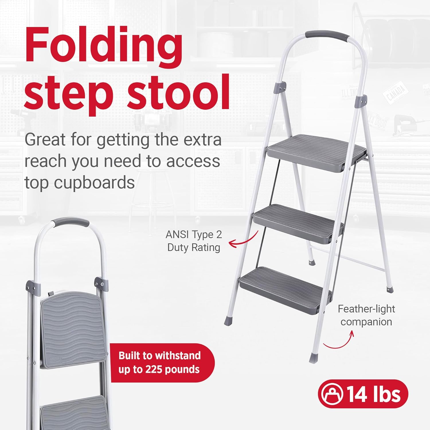 Rubbermaid 3 Step Folding Ladder, Steel Foldable Step Stool with Hand Grip, White