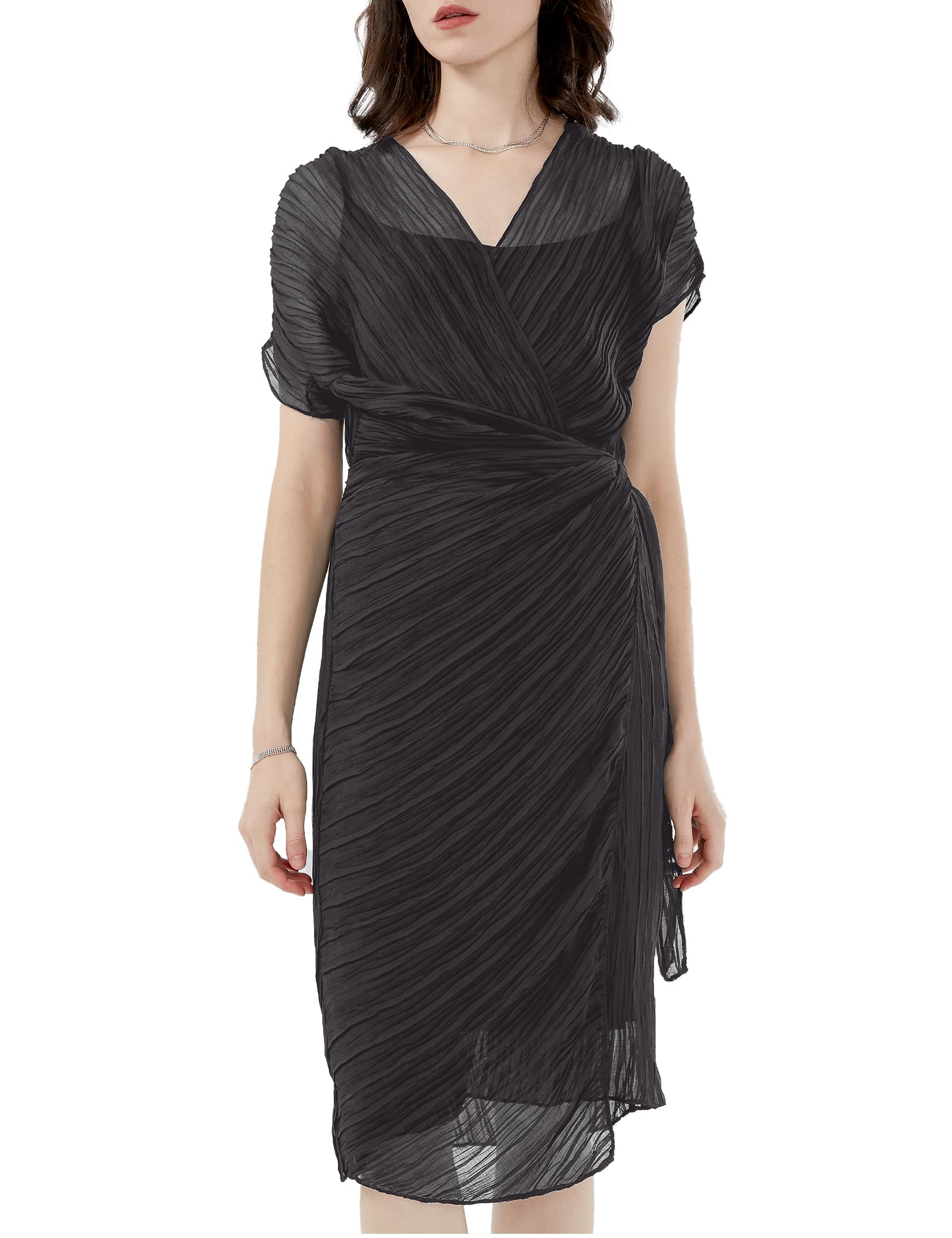 S・DEER Women's Summer Double V Neck Dress, Flutter Sleeve Ruffle Chiffon Formal Party Wedding Guest Midi Dresses(Grey02,S)