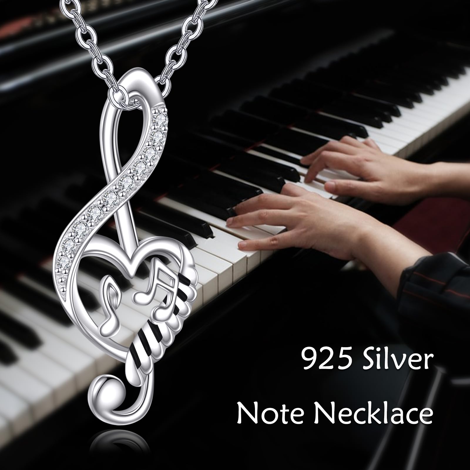 VONALA Collar musical de plata de ley 925 con colgante de corazón y nota musical, circonita cúbica, regalo para mujeres y niñas