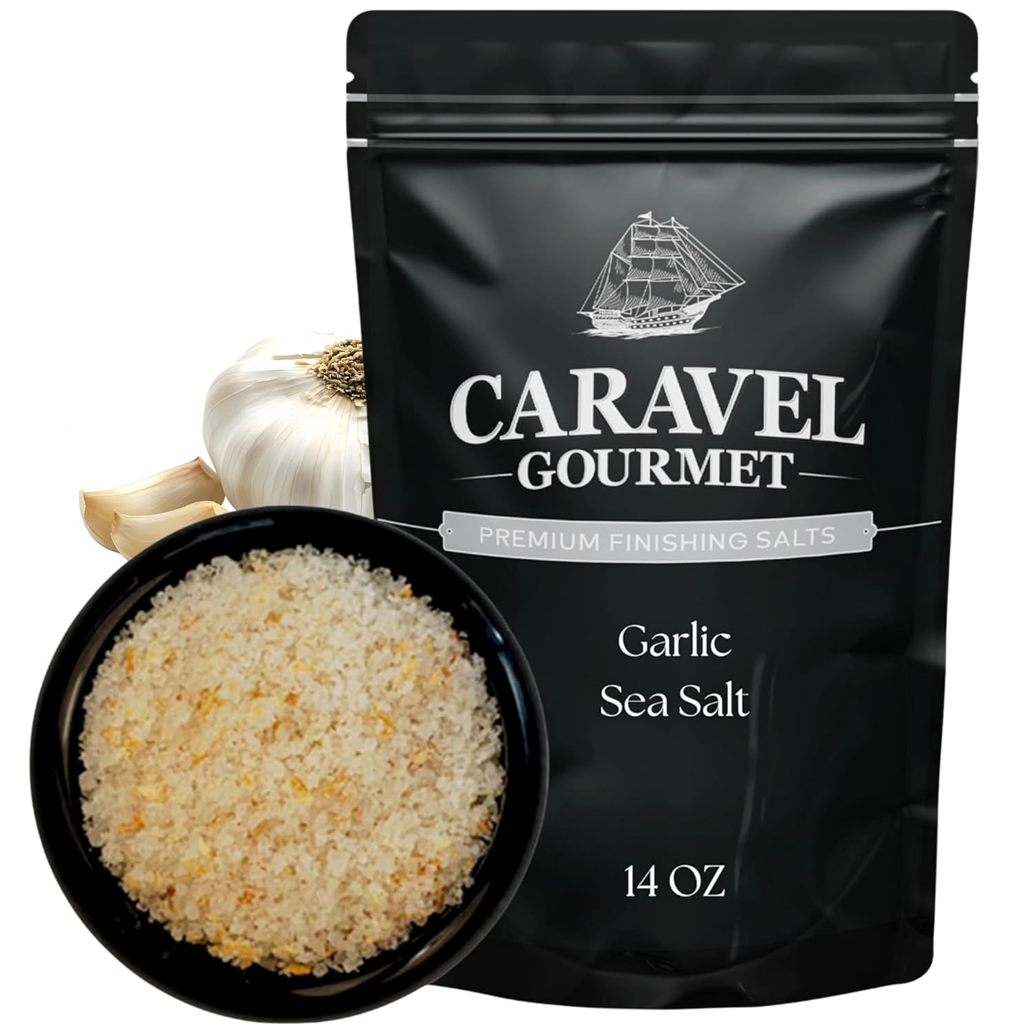 Garlic Sea Salt Gift Bundle - 3-Pack Herb, Pepper, & Smoked Garlic Salt Seasoning for Finishing & Cooking – Stackable 4 oz Pinch Jar Each by Caravel Gourmet