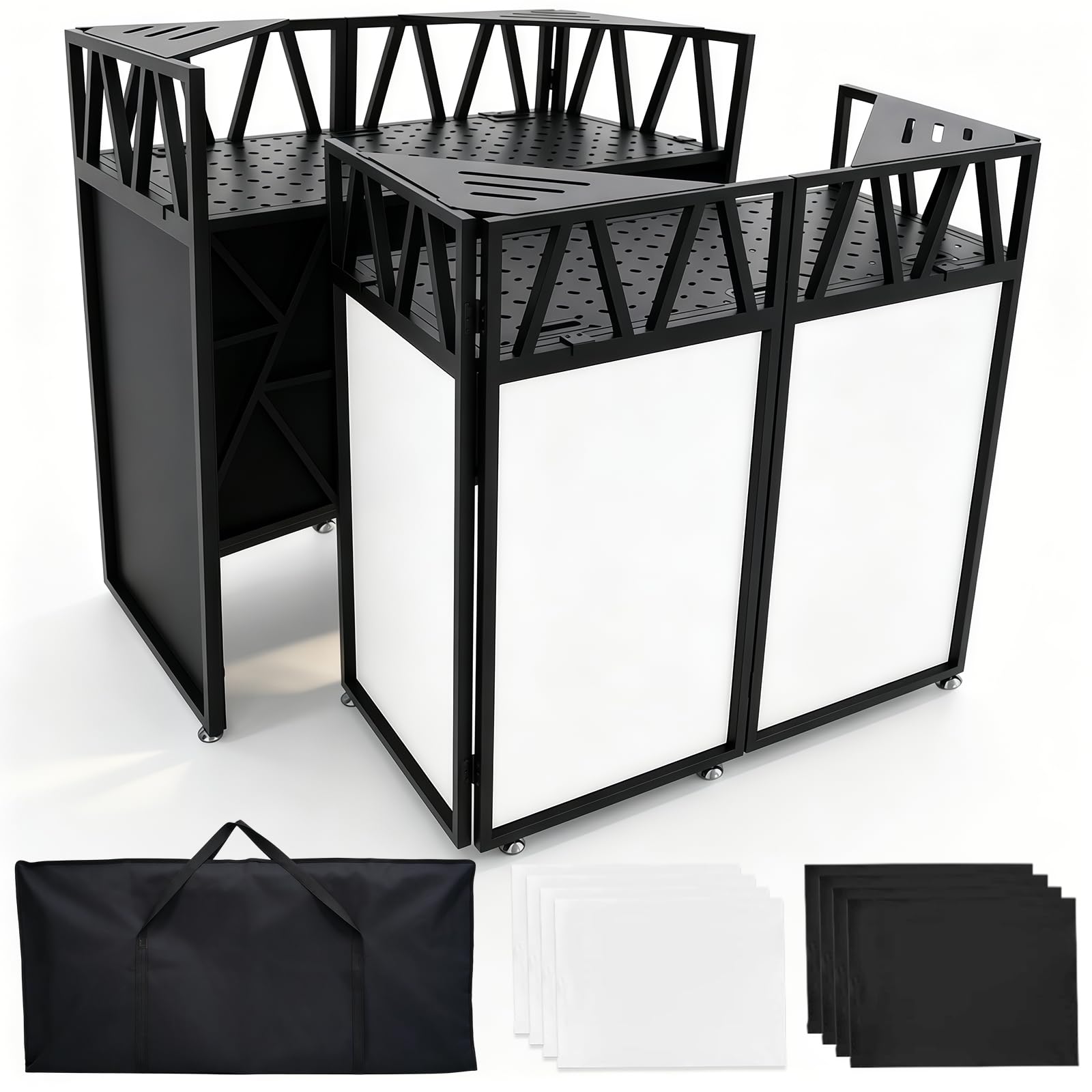 Cabina per DJ con ruote, 107 x 53 x 117 cm, con scrim | Bianco e Nero Scrim, Portatile Pieghevole DJ Tavolo Stand con Borsa per il Trasporto, per Feste, Eventi, Matrimonio