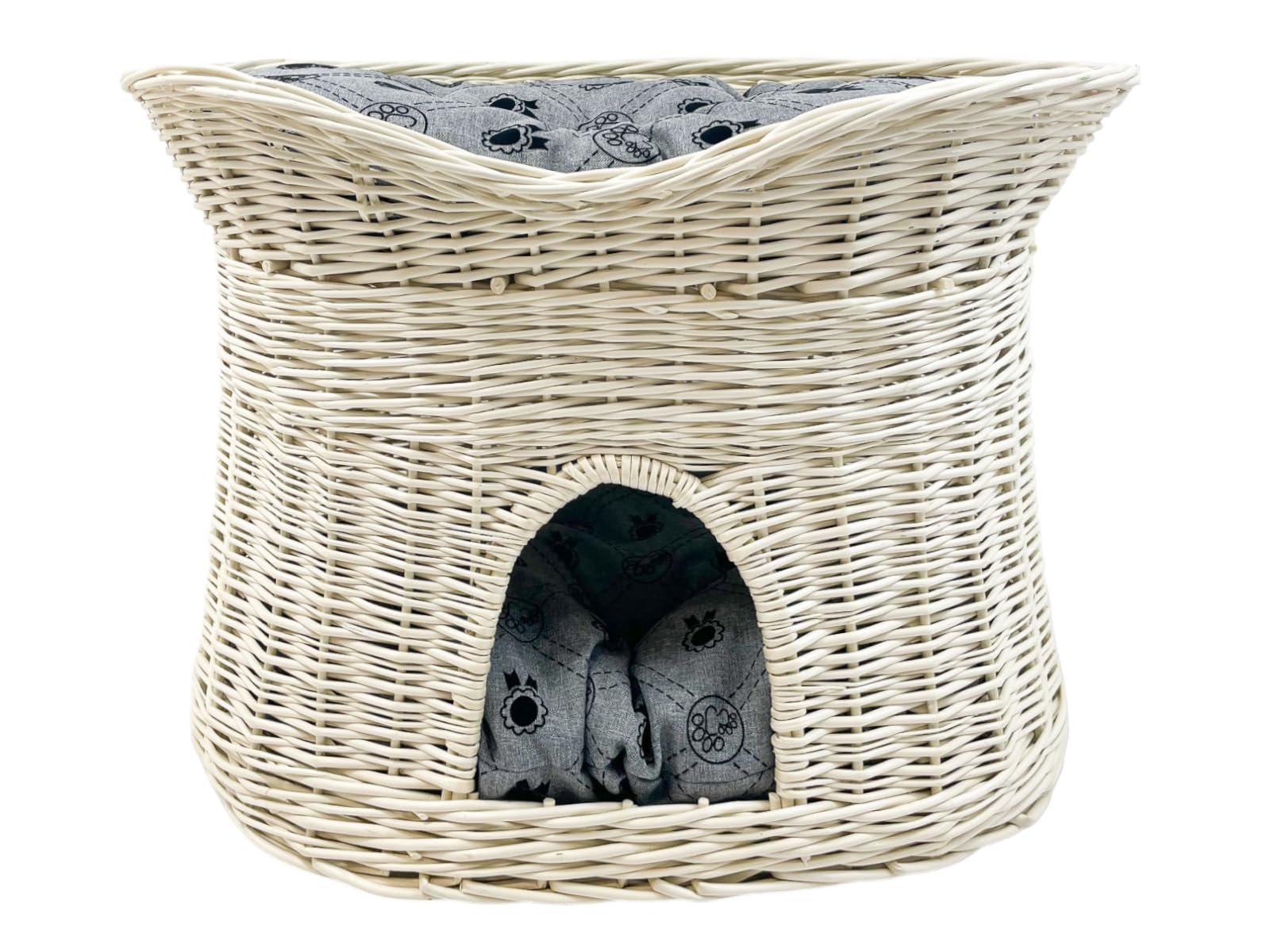Katzenkorb zum Schlafen – Katzenhütte Indoor – Größe L: 60 cm oval – Katzenhöhle aus Weide – Zweistöckiger Hunde – oder Katzenbett mit waschbaren Kissen in Graue – Weiße korbfarbe