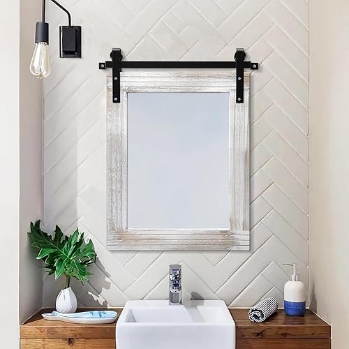 Miniatura 3 de AAZZKANG Espejos para pared, espejo rústico para puerta de granero con marco de madera, espejo rectangular para baño, espejo colgante decorativo