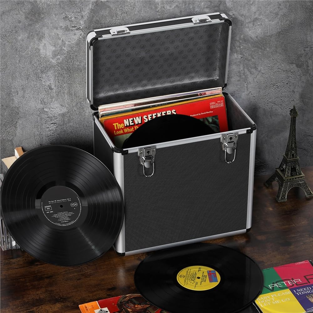 Yaheetech Estuche de Almacenamiento para Discos Maletín para Colección de DJ Maleta Organizador para 50 Álbumes 35 x 20 x 36 cm Negro
