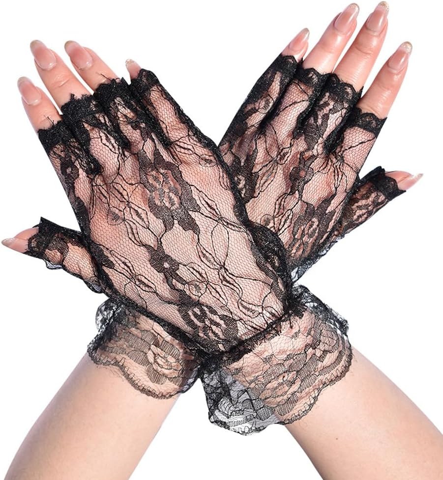 Mrotrida Women's Lace Floral Fingerless Gloves Sheer Mesh Half Finger Cuffs Gloves Cosplay Lace Glove for Halloween Wedding