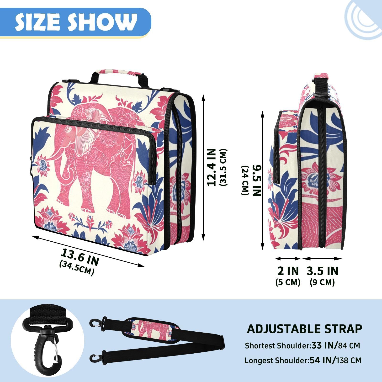 3-Ringbuchtasche mit Elefanten-Blumenmuster und Reißverschluss