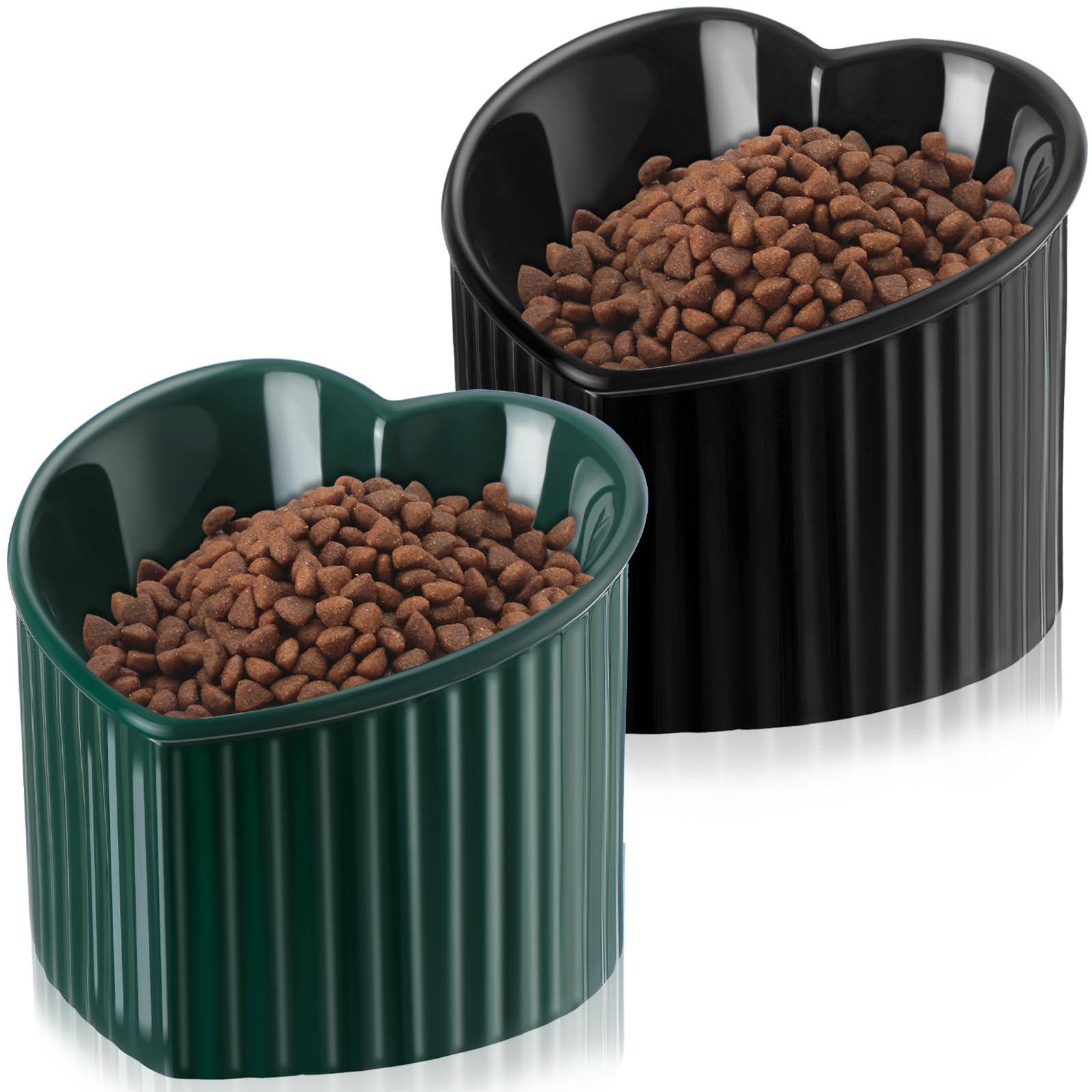 Mumufy 2 Pcs Ceramic Elevated Cat Bowls Tilted Elevated Raised Pet Bowls Anti Vomit Cat Dish for Indoor Stress Free Water Dish Feeder for Puppies, Heart Shaped(Peacock Green, Black) โ image 1
