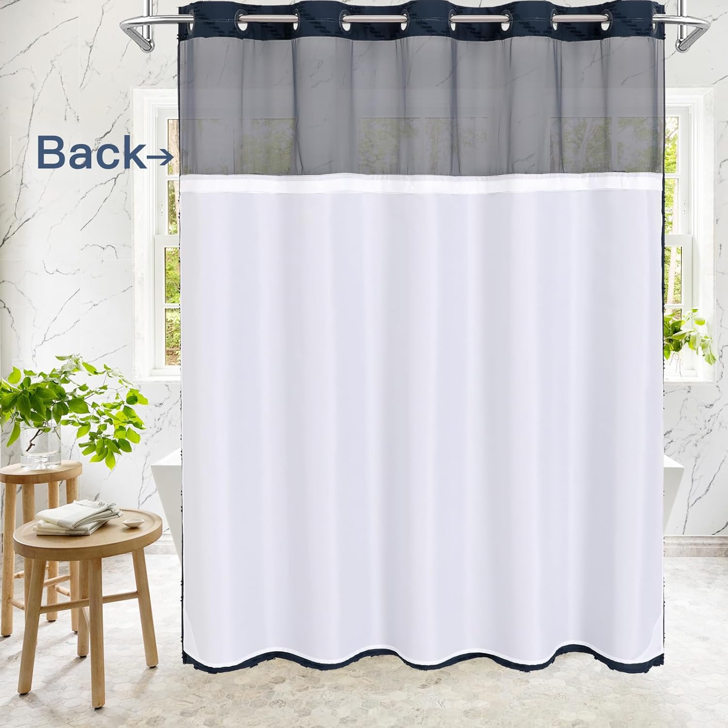No Hooks Boho Navy Woven Fabric Shower Curtain 72 x 74 Modern Farmhouse, Tufted Chevron Striped Shabby Chic Textured, Minimalist Cloth Hookless Shower Curtains for Bathroom, Hotel Decor