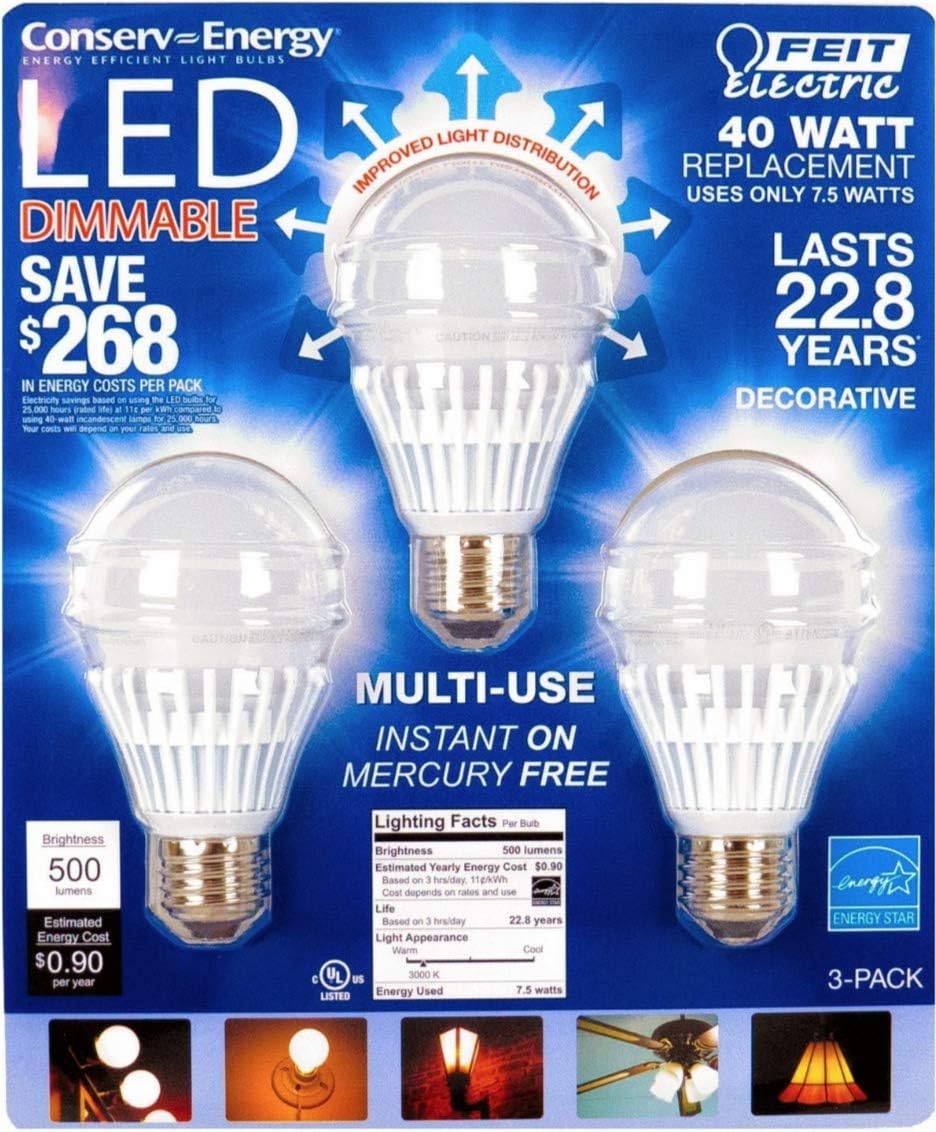 Feit 7.5 Watt A19 Dimmable LED Light Bulbs 3-Pack (equiv to 40 watts)