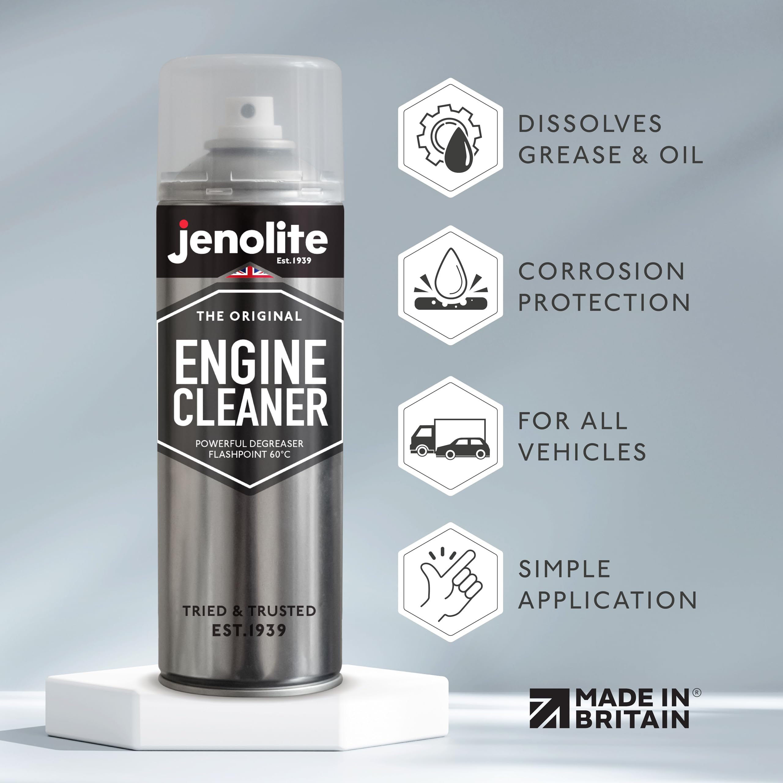 JENOLITE Detergente per motore in aerosol | Spray detergente e sgrassante per motore | 2 x 500 ml | Scioglie grasso, olio e sporcizia senza lasciare residui, non conduttivo e non corrosivo