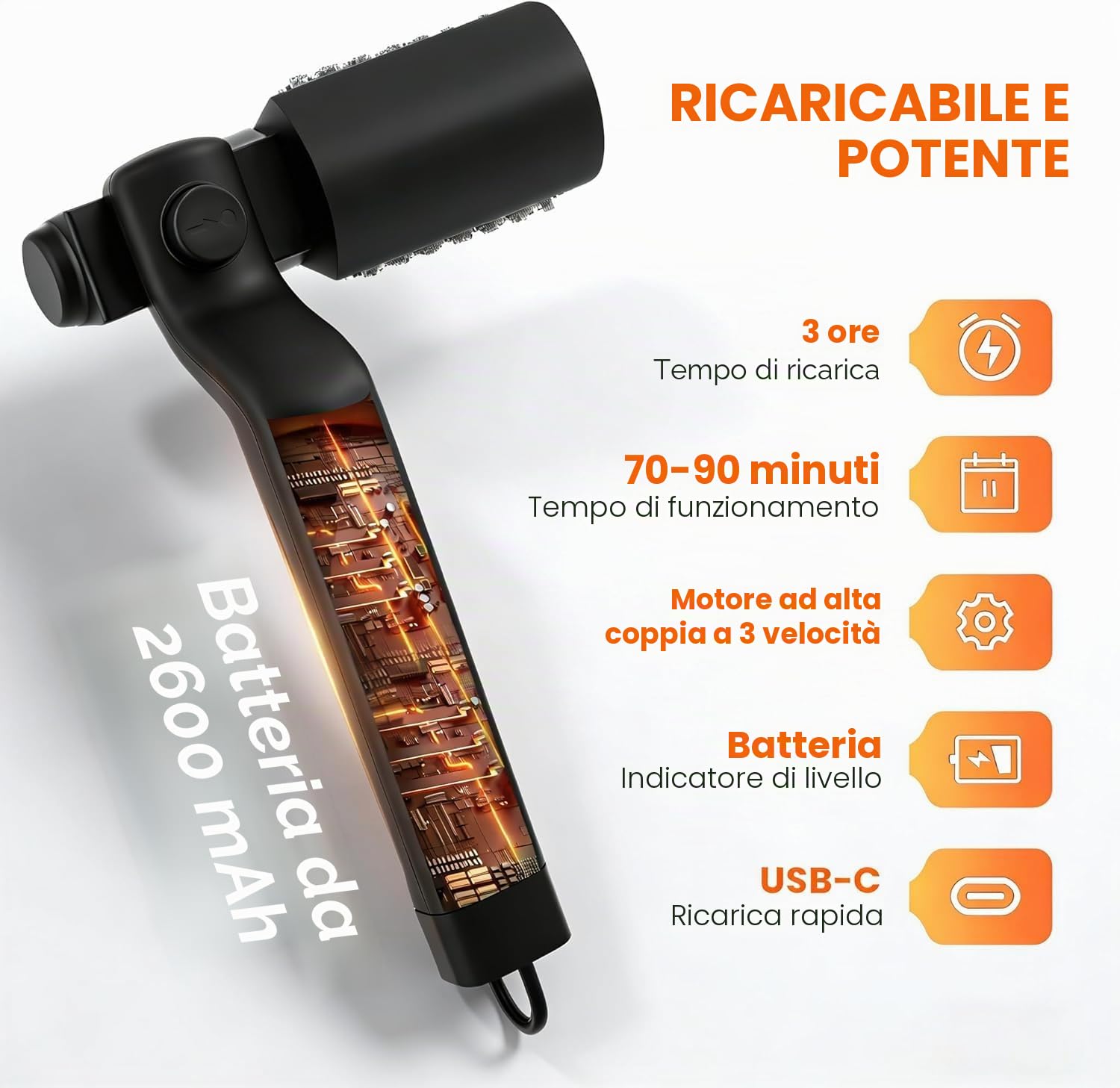 Spazzola per la pulizia elettrica, spazzola migliorata per griglia in ghisa, senza fili in acciaio inox 304, testina in acciaio inox, pulizia a 3 livelli, durata 90 minuti, impermeabile per barbecue