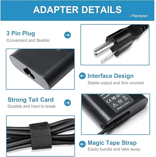 Miniatura 5 de 65W 60W USB C Laptop Charger Compatible with Dell Latitude 5540 7440 7430 3540 7420 7400 7320 E5440 E5430 7390 5400 Chromebook 3100, XPS 13 9310