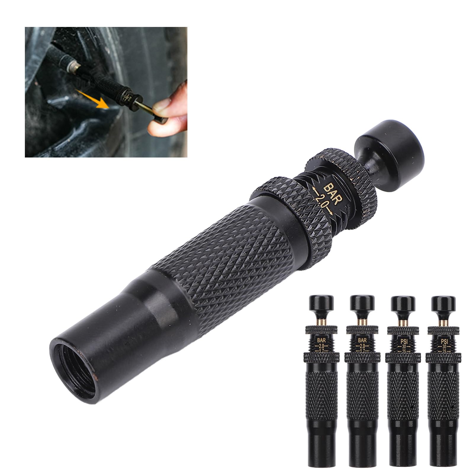 Sgonfiatore Pneumatici Regolabile 10-30 PSI per Fuoristrada 4x4 | Set 4 valvole in ottone ad alta resistenza, borsa trasporto inclusa, trasparente precisa, strumento di sgonfiag