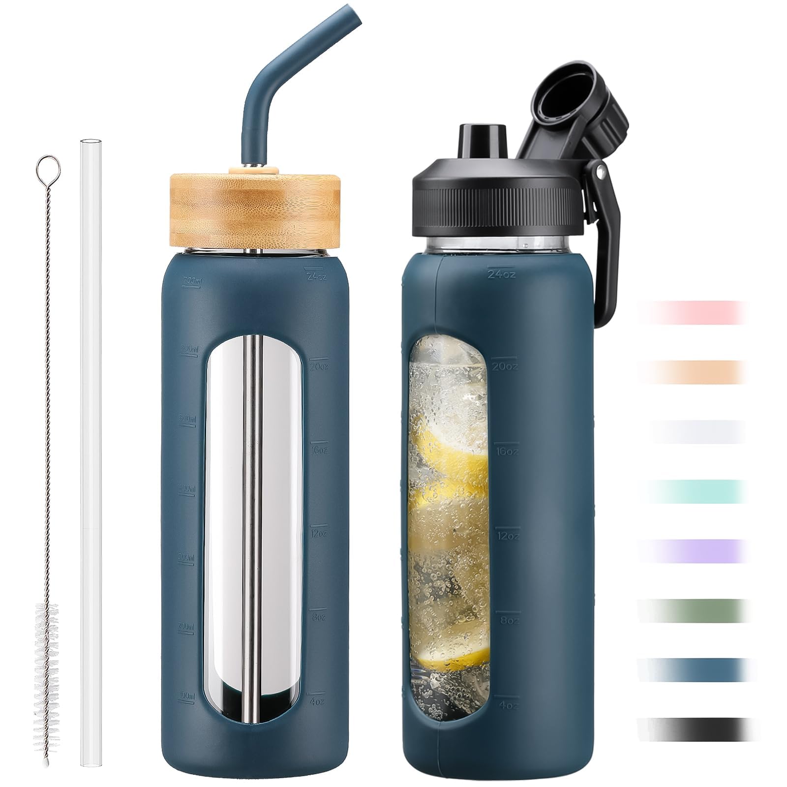 NOLOGLAZIC 24oz Glass Water Bottle with Straw and 2 Lids-Bamboo and Spout Lid, Borosilicate Glass Water Bottle with Silicone Sleeve and Time Marker,