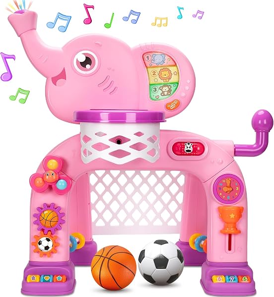KIZZYEA Toys for 1 2 3 Years Old Boys Girls, Toddler Basketball Hoop & Soccer Goal Sports Toy, Interactive Musical Toys,