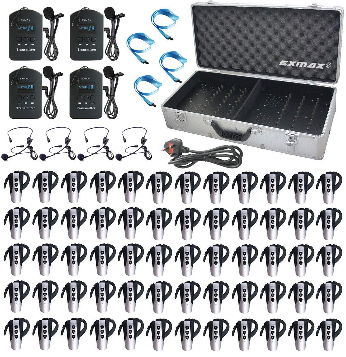 EXMAXEXD-6824 2.4GHz Wireless Simultaneous Translation Equipment with 9999 Channels for VIP Reception,Listening,Meeting,Training,Exhibition- 4 Transmitters & 60 Receivers with 64-slot Charging Case