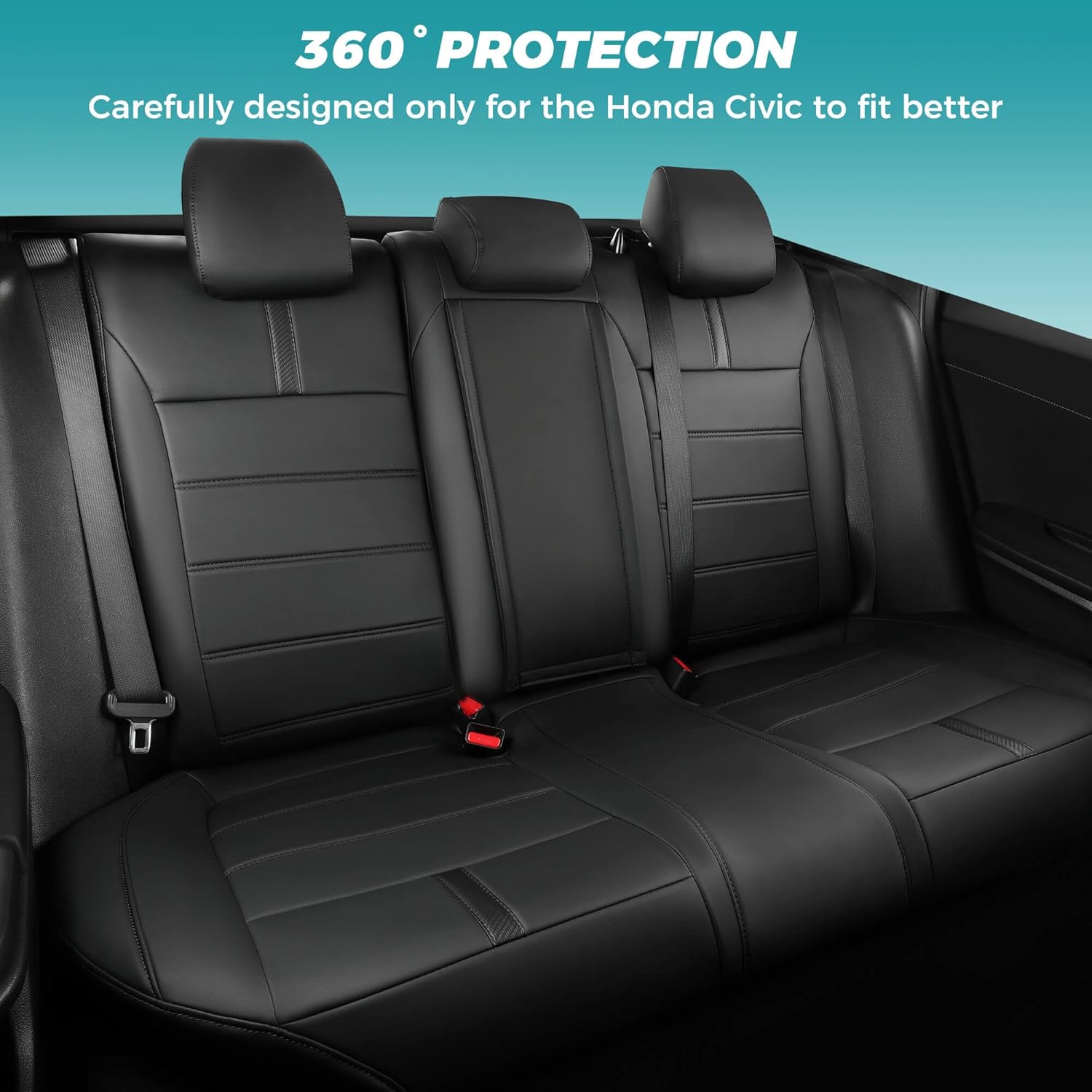 Seat Covers for Honda Civic Sedan EX-L, EX-T, EX, Touring, Sport 2016-2021, Faux Leather Car Seats Cover Full Set Waterproof Black (60/40 Split Seatback-with Rear Armrest)