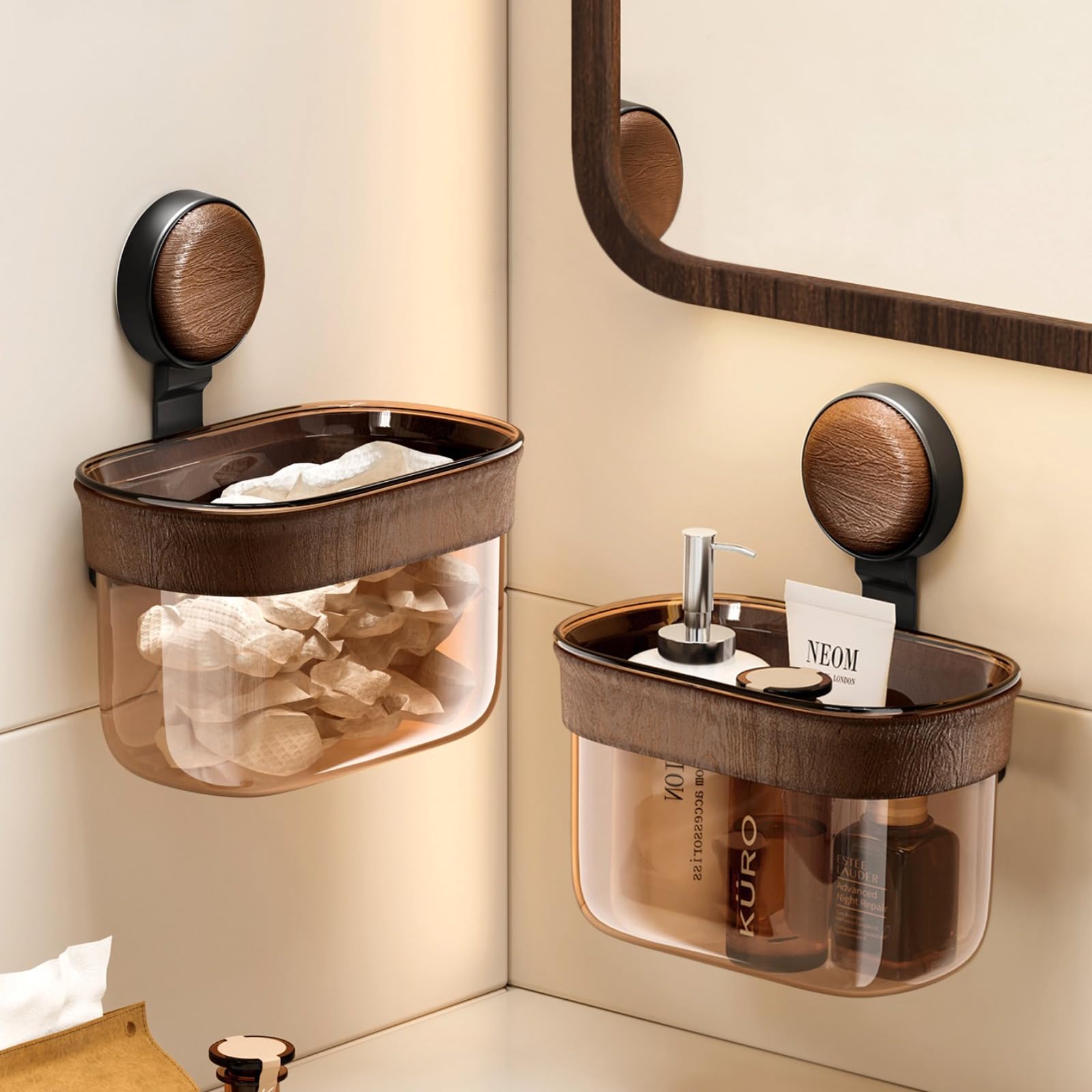 2 Pcs No-Drill Wall mounted bathroom storage box wood grain Wastebasket Shower Caddy Suction Cup Wall Mount Organizer