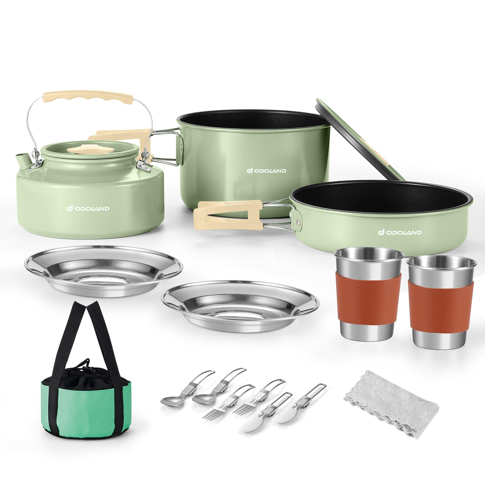 Odoland Camping Cookware Set Non-Stick Pot and Pan Set with Kettle, Stainless Steel Utensils Mess Kit, Cups Plates Knives Spoons Forks for Outdoor Cooking