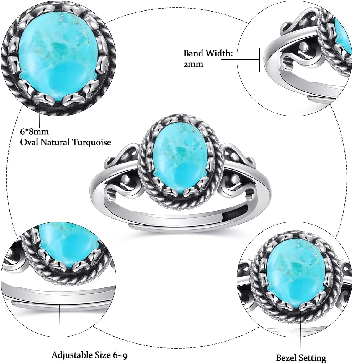 Turquoise Rings for Women, Adjustable Silver Statement Rings with Bezel Setting Teal Turquoise/Opal/Moonstone Vintage Stacking Ring for Women Birthday Anniversary Jewelry Gift Size 6-9 - Image 2