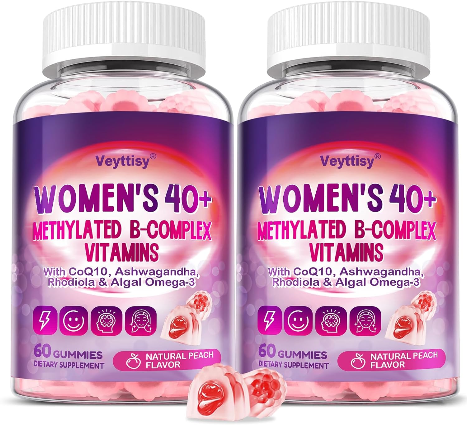 Methylated B Complex Vitamins Gummies for Women 40 Plus - B-Complex Vitamins B6 B1 B2 B3 B5, Methyl B12, Methylfolate, Biotin with Vitamin C, Omega-3, CoQ10 & Ashwagandha - Sugar-Free, Vegan, Non-GMO