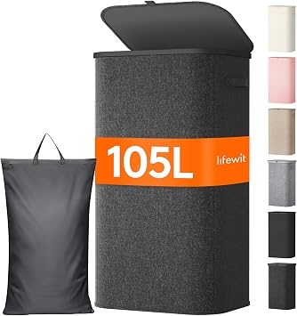 Lifewit 105L Large Laundry Basket with Lid, Laundry Hamper with Plastic Handles and Removable Bag, Foldable Tall Dirty Clothe
