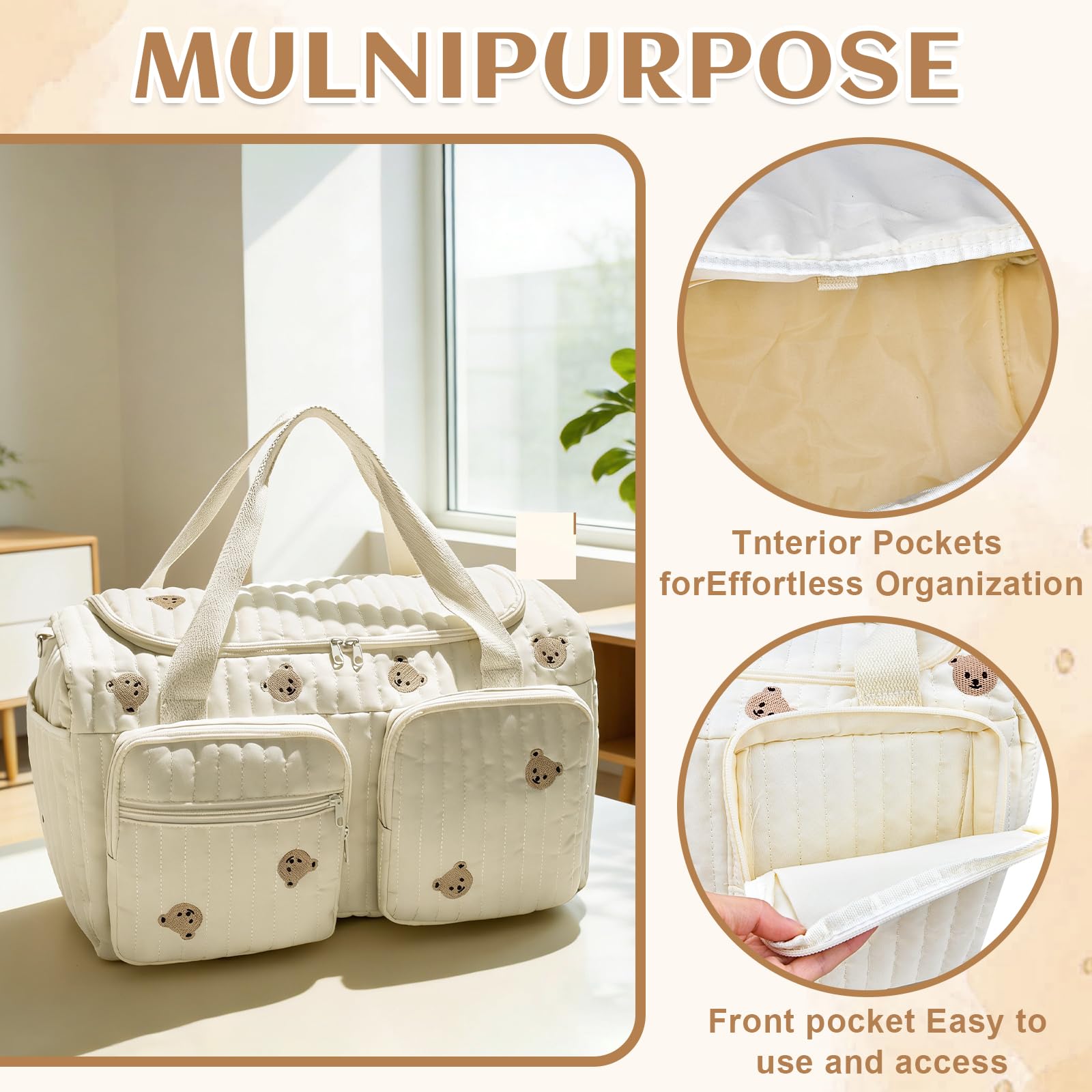 Jadyon Sac à langer matelassé, sac pour l'hôpital, sac de voyage mignon à motif ours pour femmes, sacs de week-end pour femmes, portable et léger, sac pour l'hôpital pour bébé à transporter