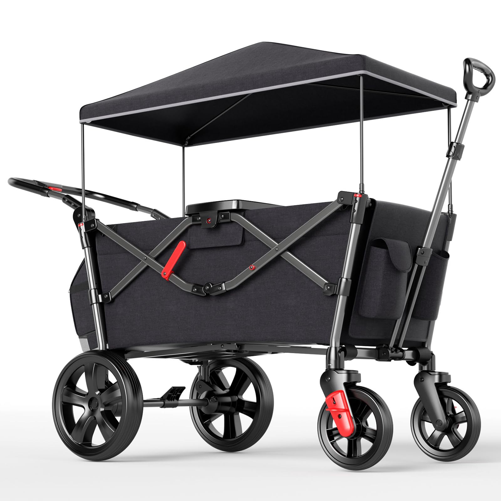 EVER ADVANCED Wagon for Kids to Sit in, Stroller Wagon for 2 Kids with Removable Canopy, Pull Along with Seats 5-Point Harnesses, Portable Push Pull Cart with Handle Bar Black