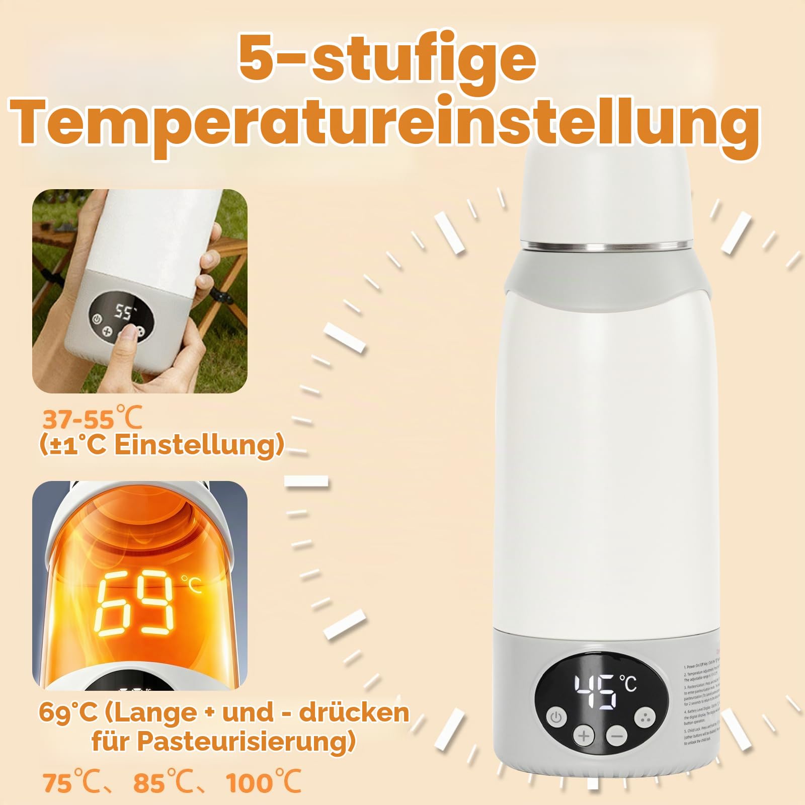 Flaschenwärmer Baby Unterwegs,Kindersicherung gegen,500ml Kapazität 12000mAh Akku, Schnelles Aufheizen 2 Min für Muttermilch&Wasser,cremefarben