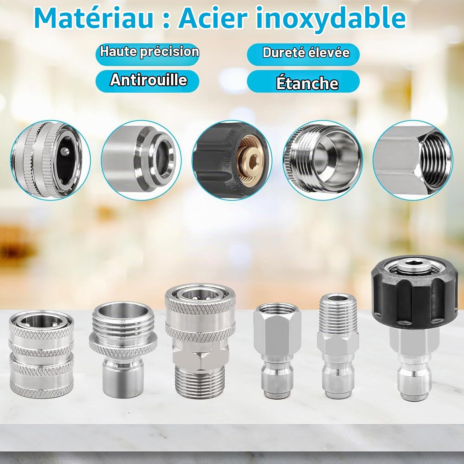 10 Pièces Adaptateur Nettoyeur Haute Pression, Connecteur Rapide Tuyau à Haute Pression Kit, Connecte Canon Lance et Tuyau Métrique, Raccord M22-14mm, M22 3/8" Connexion Rapide 3/4" Déconnexion
