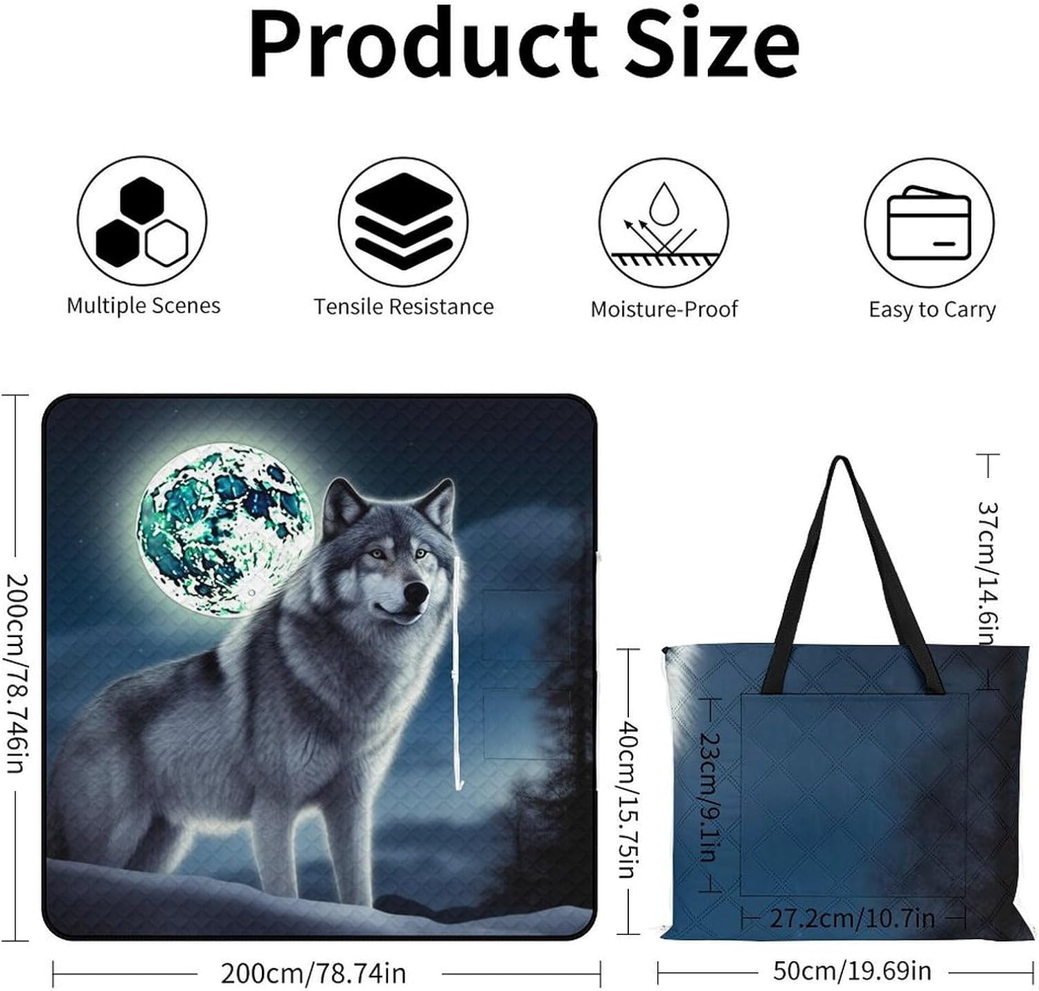 Wolf Under Moon Picnic Blanket 200x200cm, Foldable 2-in-1 Picnic Mat and Tote Bag Portable Waterproof Beach Mat Sandproof Outdoor Blanket for Park, Hiking, Beach, Camping, Travel