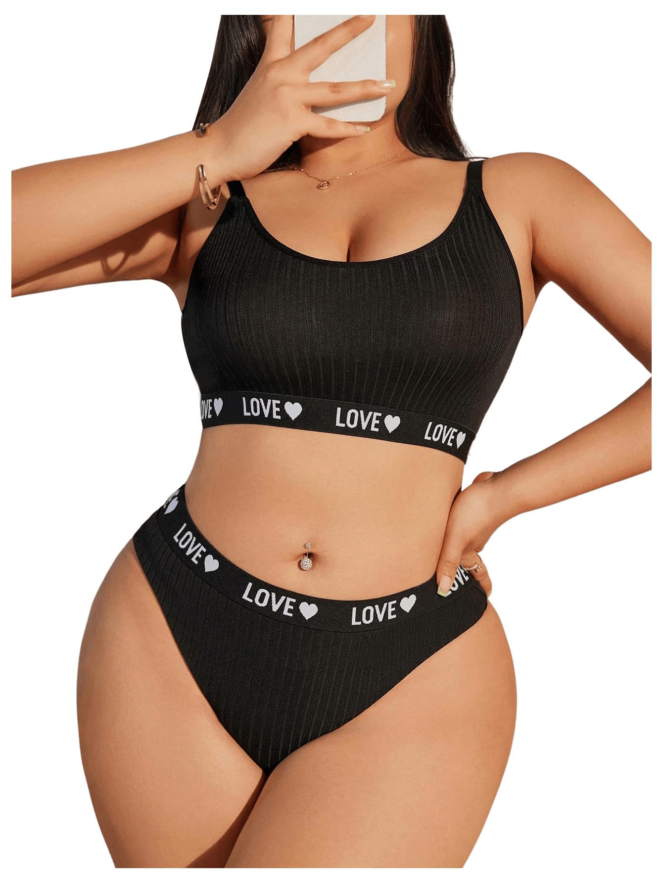 SOLY HUX Women's Plus Size Lingerie Set Bra and Panty Letter Heart Print Underwear Sets Black Letter 3XL