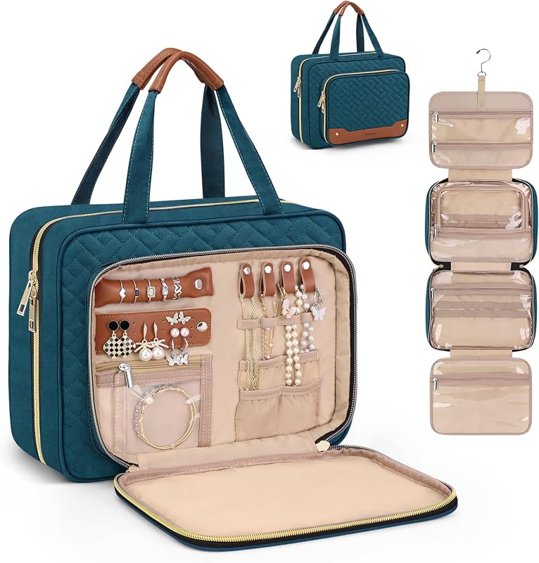 Wedama Necessaire de viagem suspensa com organizador de joias, compartimentos internos, gancho 360° e zíper duplo, azul