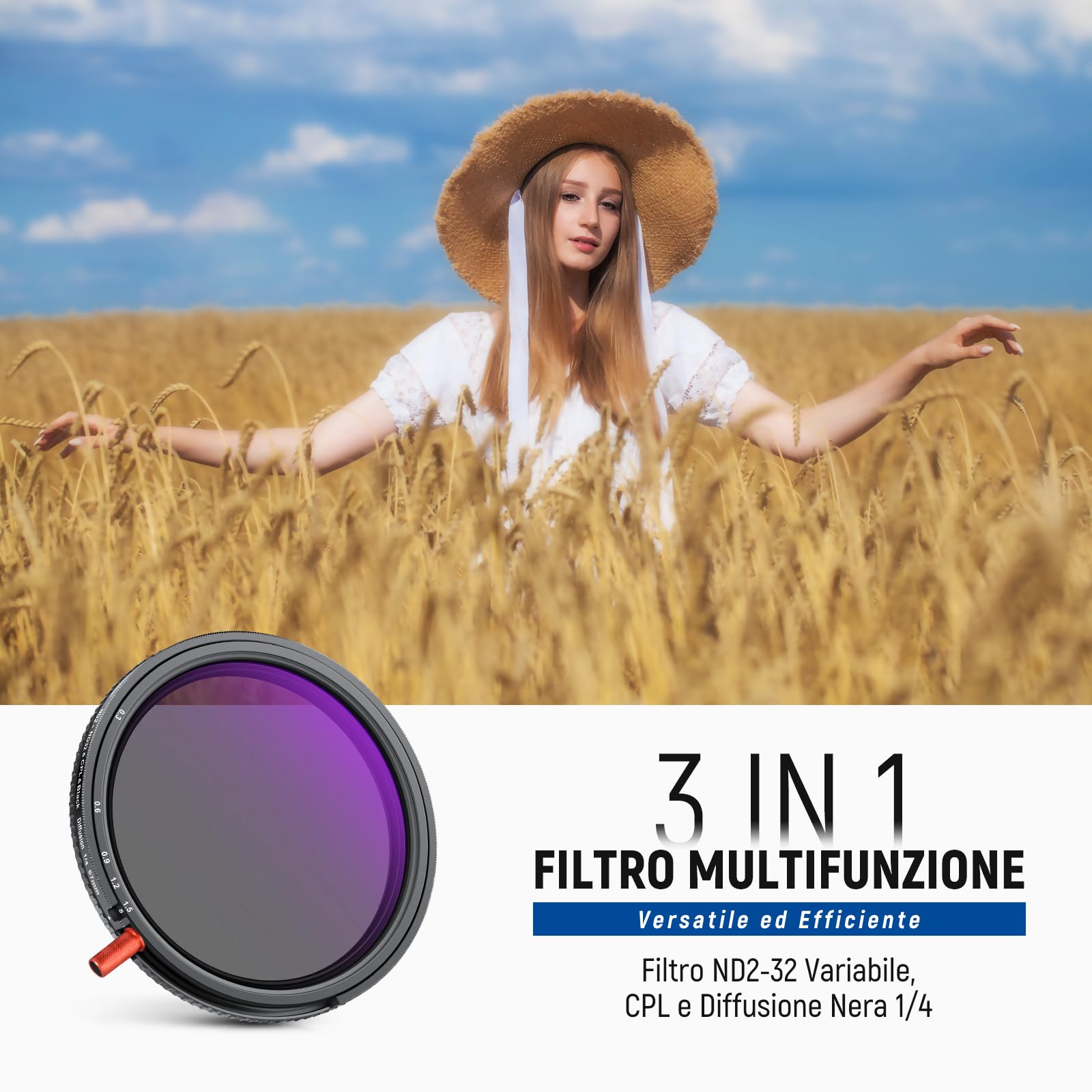 NEEWER 67mm 3in1 Filtro ND Variabile+CPL+Black Diffusion 1/4 Filtro Per Effetto Mist Cinematic, Filtro Effetto a Densità Neutra Polarizzatore Circolare in Vetro Ottico HD Multistrato con Custodia