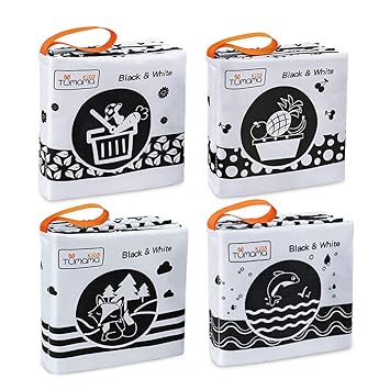 Layfuz Baby Clo Book Bla & White wi Color Embellished Crinkle Pages wi Squeak Early Vision Stimulation Animal & Aquatic Creatures & Fruit & Vegetable 4 Pa