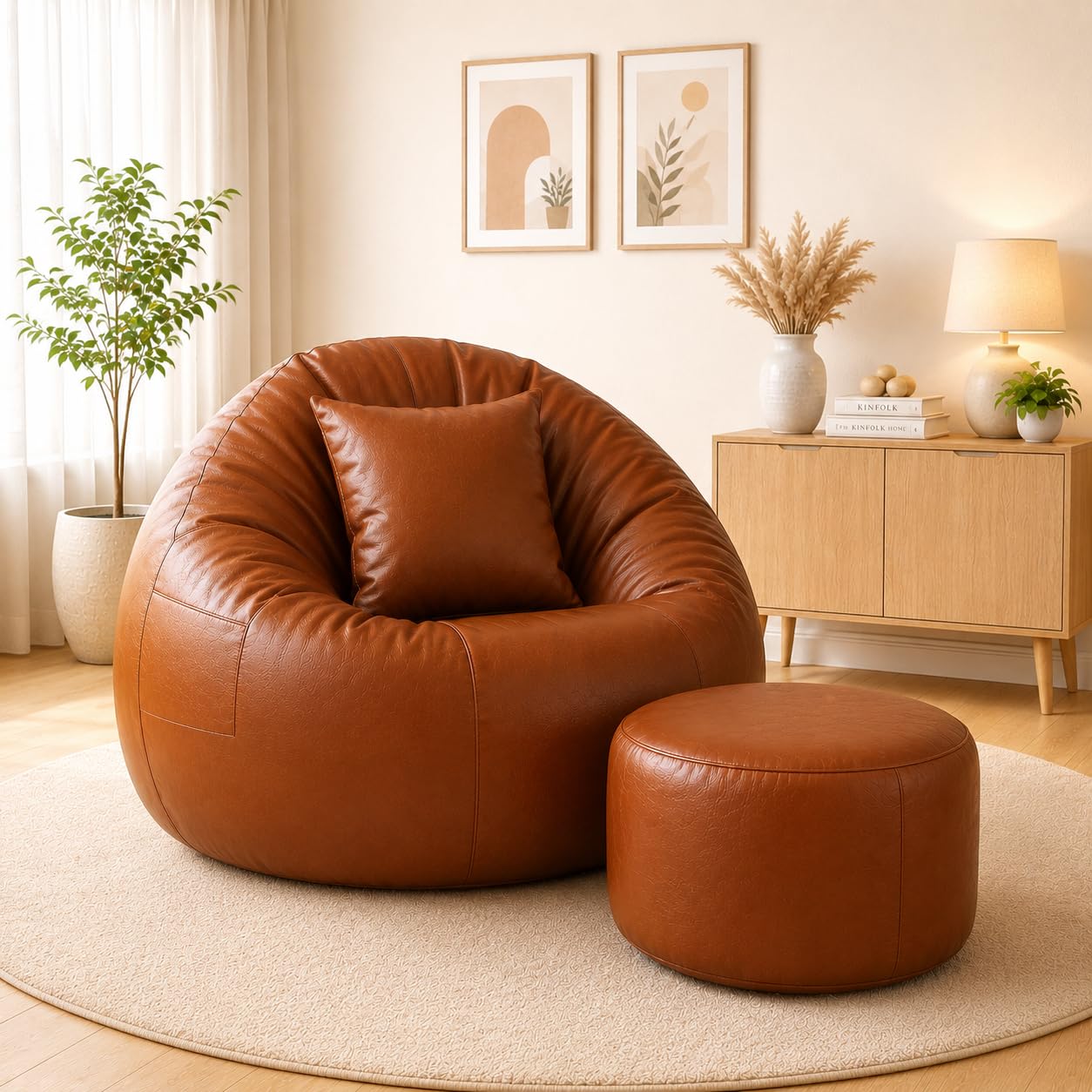 4XL Tear Drop Bean Bag Chair with Footrest & Pillow | Premium Leatherette Bean Bag Cover (Without Beans) Upto 150 Kg Capacity | Living Room Lounger (Tan, XXXXL)-image-49