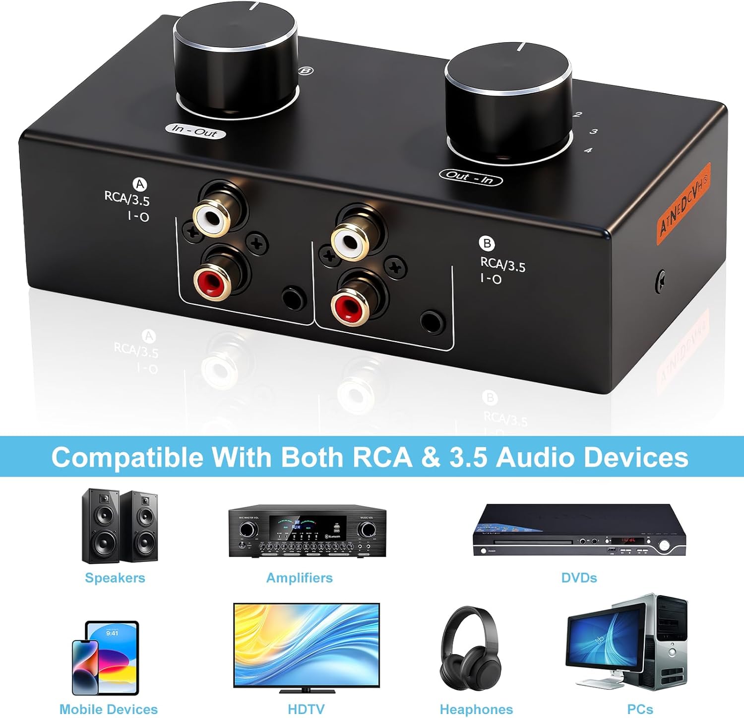 Bi-Directional 2 in 4 Out & 4 in 2 Out RCA 3.5mm Port Audio Switcher, 2-Way 4-Way 4x2 RCA 1/8 Stereo Speakers Headphones Audio Switch Selector Box