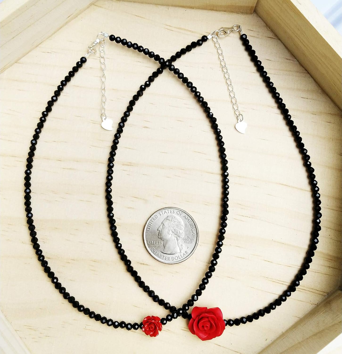 Red Rose Choker Necklace Flower Necklace 925 Sterling Silver Black Spinel Beads 15MM Flower Rose Choker 13+2” (Red Rose - Image 8