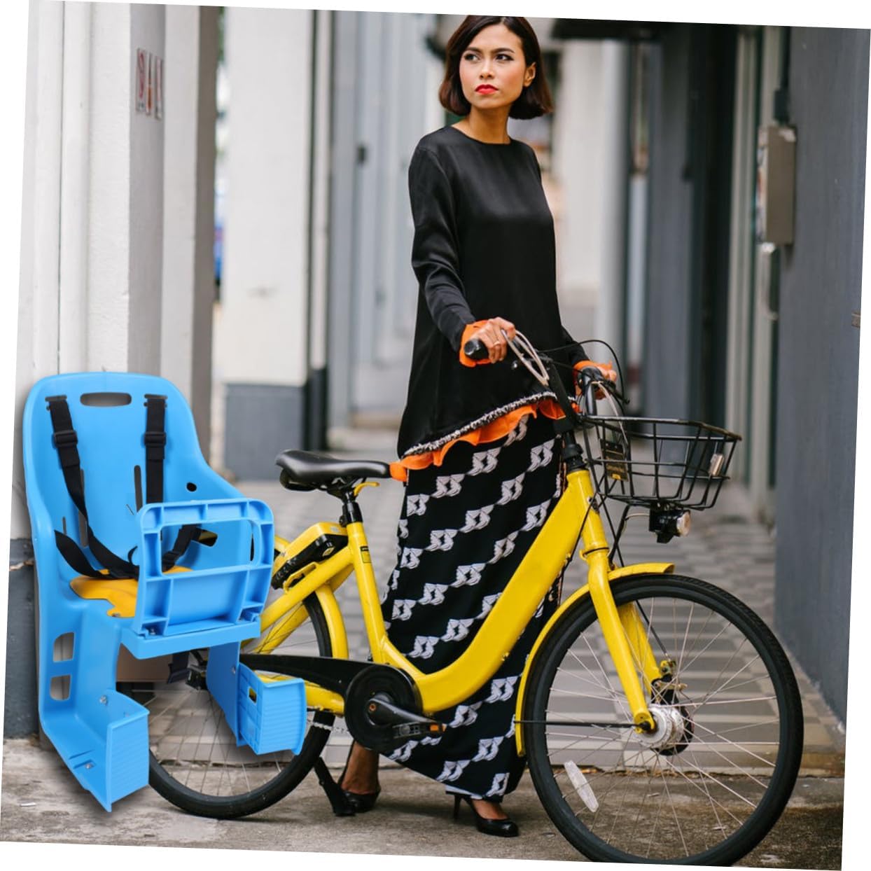 Quick Release Adjustable Bike Seat Back with Safety Handrail and Foot Pedals Rainproof Widened Rear Seat for Months to Years Ergonomic Plastic Bicycle Blue